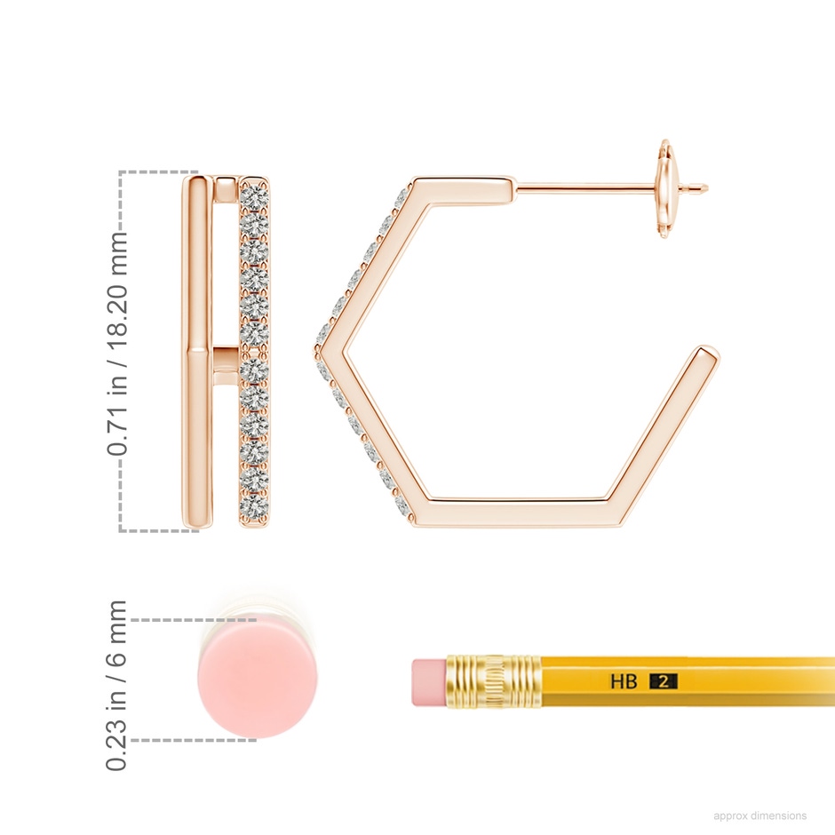1.3mm KI3 Alternating Diamond Hexagonal Double Hoop Earrings in Rose Gold ruler