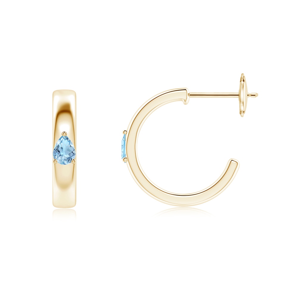 4x3mm AAA Pear Aquamarine Solitaire Hoop Earrings in Yellow Gold - side 199