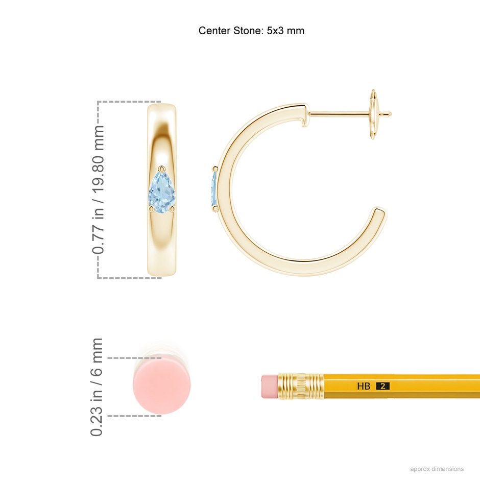 5x3mm AA Pear Aquamarine Solitaire Hoop Earrings in Yellow Gold ruler
