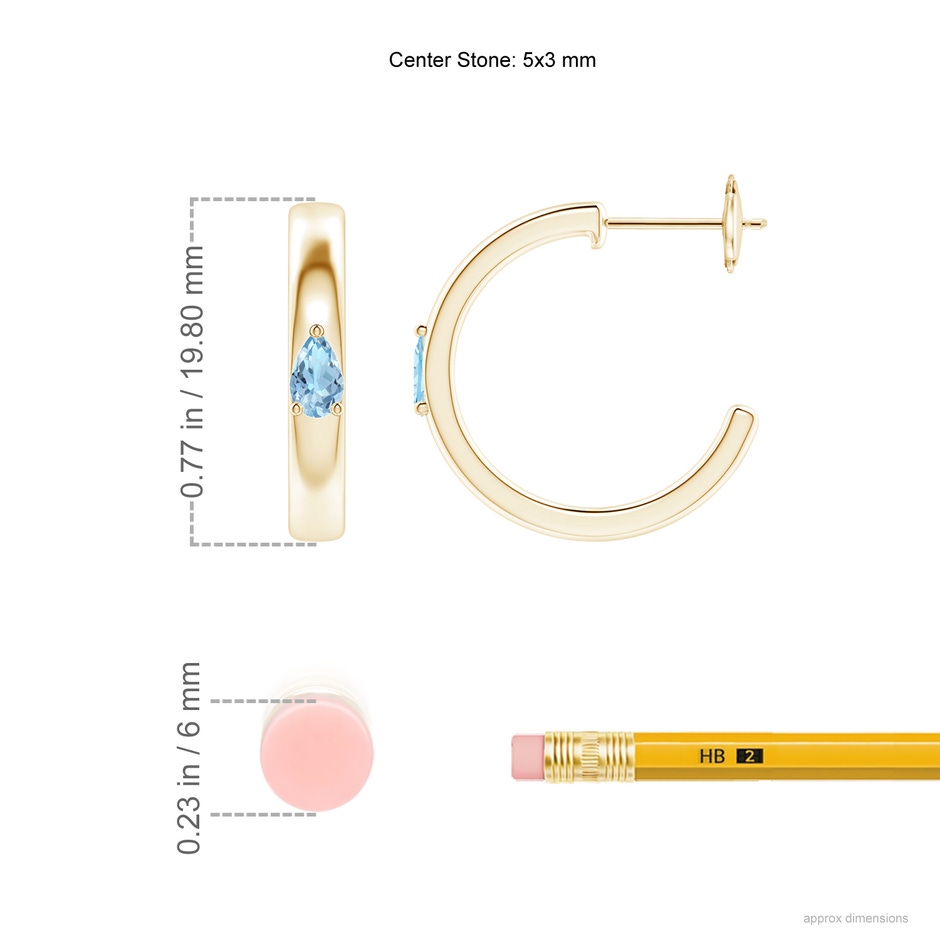 5x3mm AAA Pear Aquamarine Solitaire Hoop Earrings in Yellow Gold ruler
