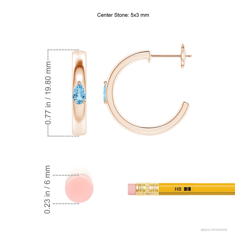 5x3mm AAAA Pear Aquamarine Solitaire Hoop Earrings in Rose Gold ruler