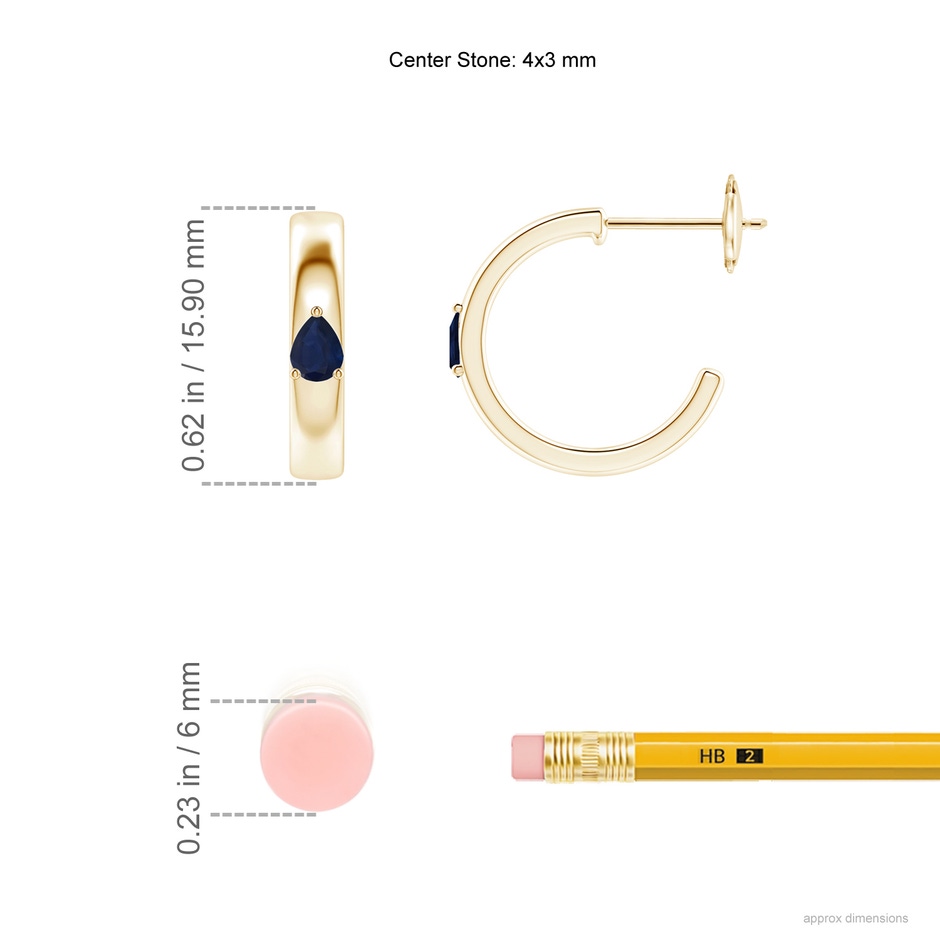 4x3mm A Pear Blue Sapphire Solitaire Hoop Earrings in Yellow Gold ruler