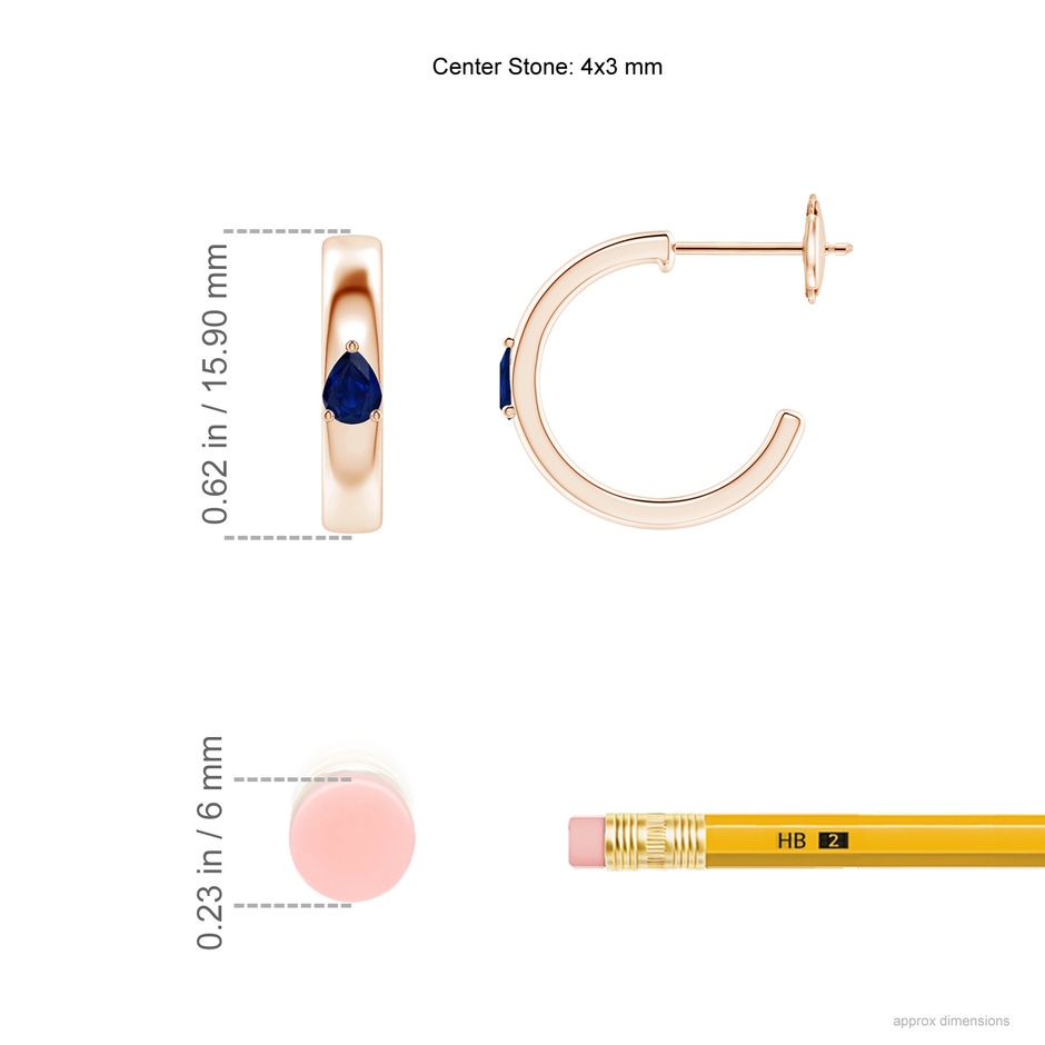 4x3mm AA Pear Blue Sapphire Solitaire Hoop Earrings in Rose Gold ruler