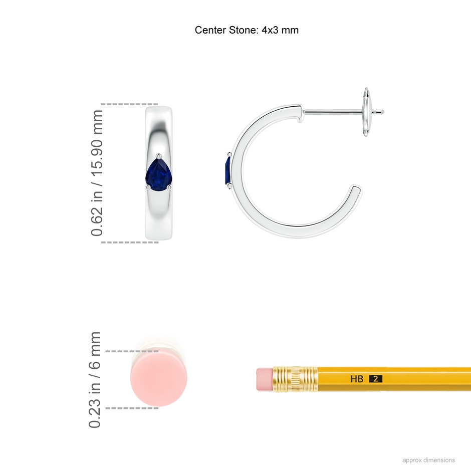 4x3mm AA Pear Blue Sapphire Solitaire Hoop Earrings in White Gold ruler