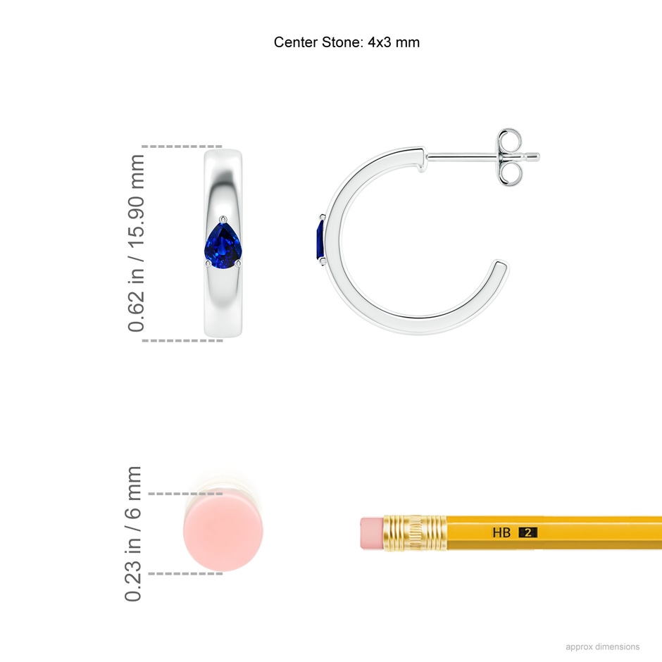 4x3mm AAAA Pear Blue Sapphire Solitaire Hoop Earrings in S999 Silver ruler