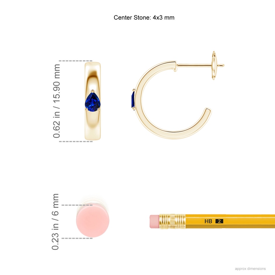 4x3mm AAAA Pear Blue Sapphire Solitaire Hoop Earrings in Yellow Gold ruler