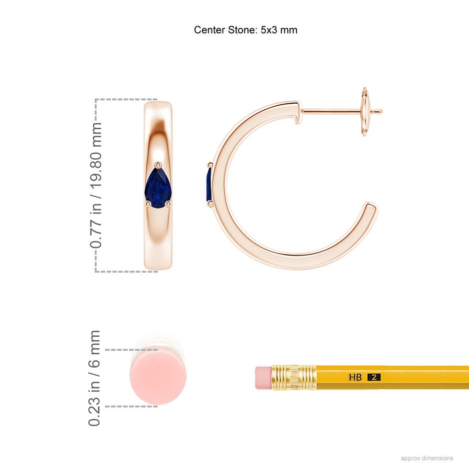 5x3mm AA Pear Blue Sapphire Solitaire Hoop Earrings in Rose Gold ruler