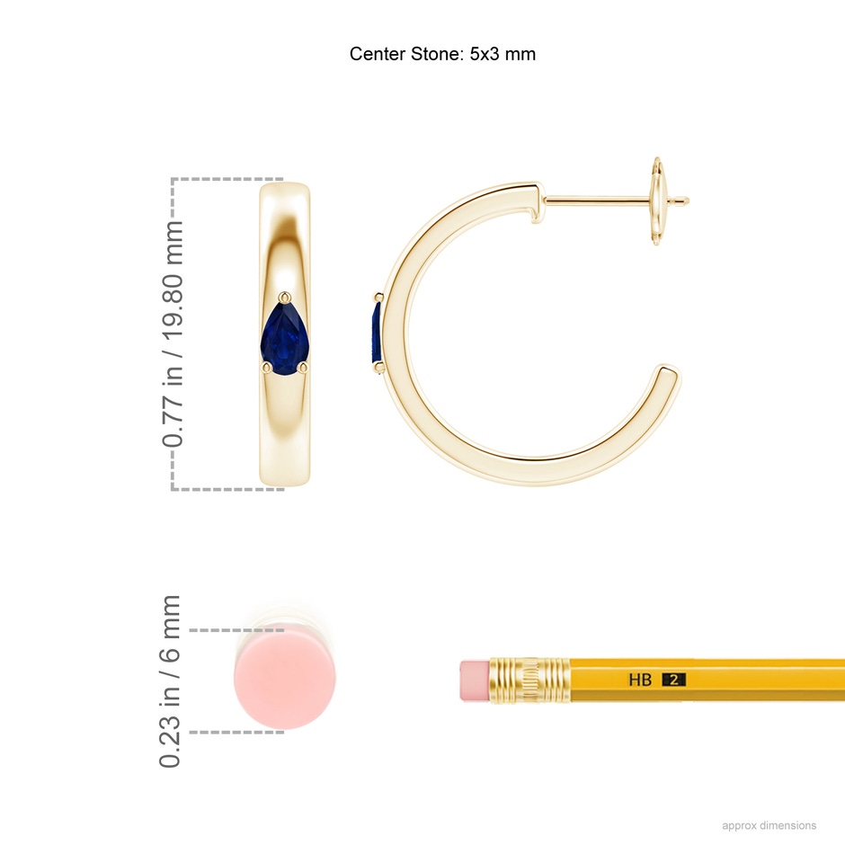 5x3mm AA Pear Blue Sapphire Solitaire Hoop Earrings in Yellow Gold ruler