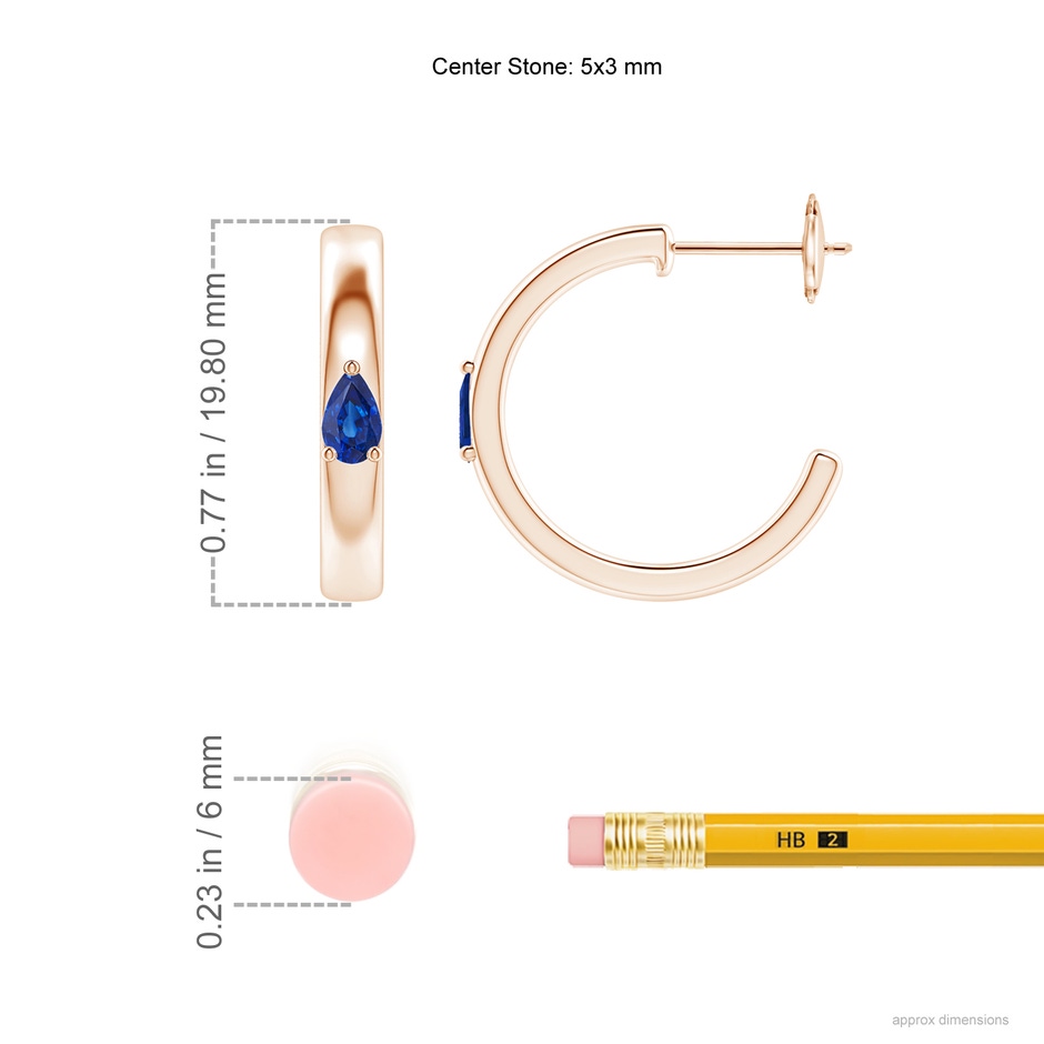5x3mm AAA Pear Blue Sapphire Solitaire Hoop Earrings in Rose Gold ruler