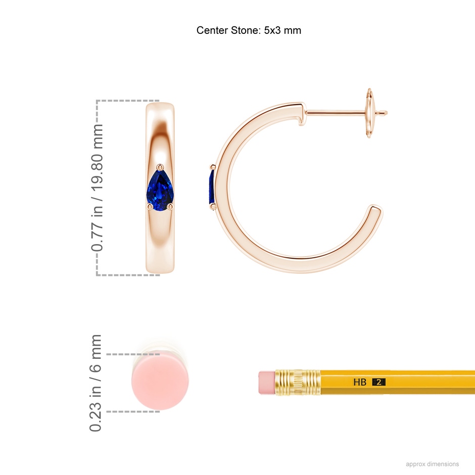 5x3mm AAAA Pear Blue Sapphire Solitaire Hoop Earrings in Rose Gold ruler