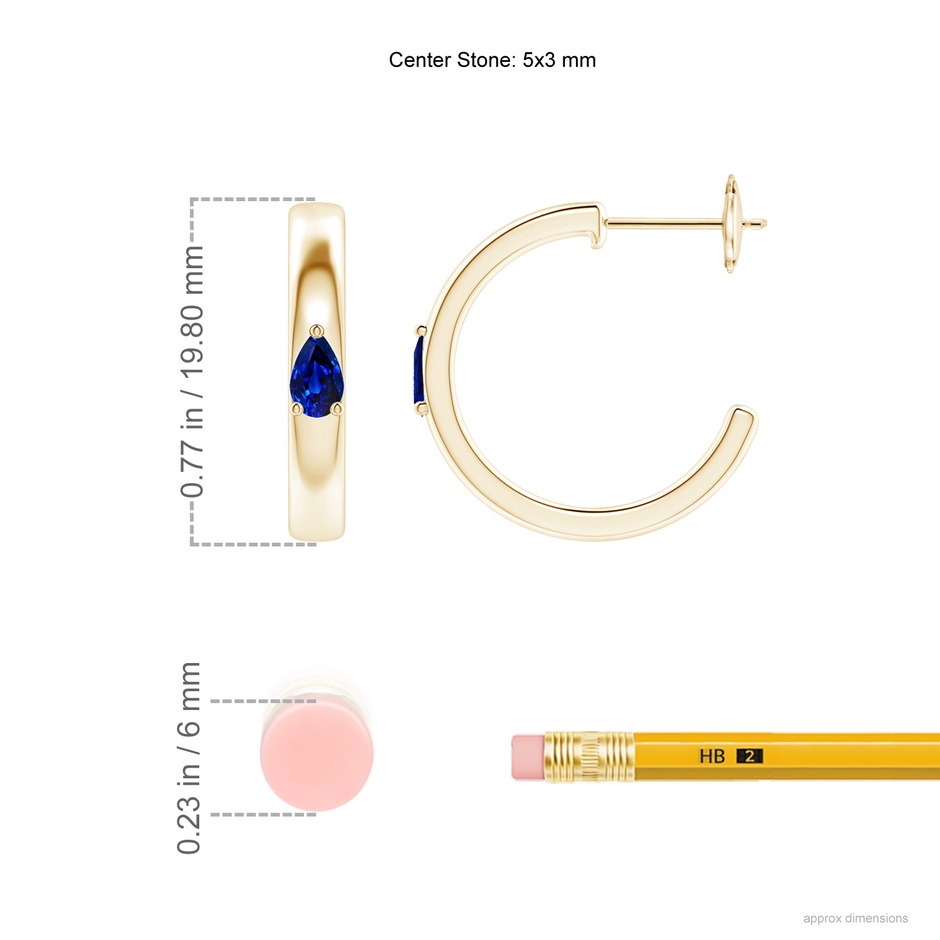 5x3mm AAAA Pear Blue Sapphire Solitaire Hoop Earrings in Yellow Gold ruler