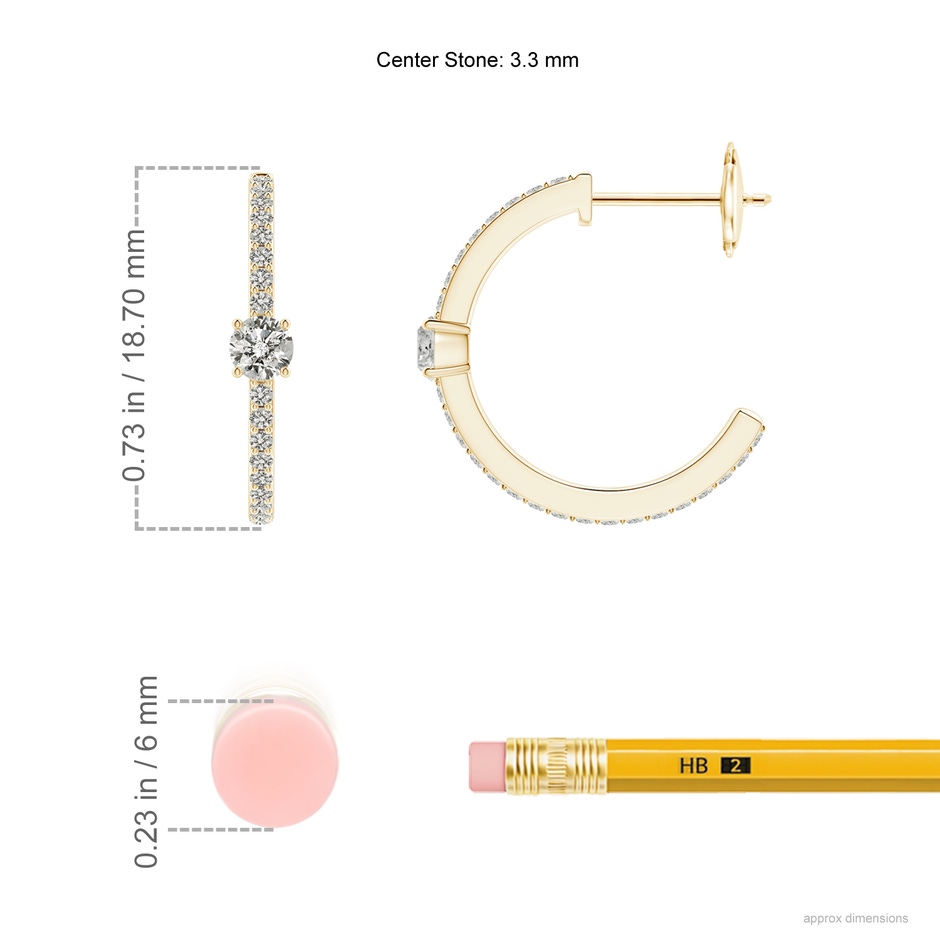 3.3mm KI3 Round Diamond Solitaire Hoop Earrings With Accents in Yellow Gold ruler