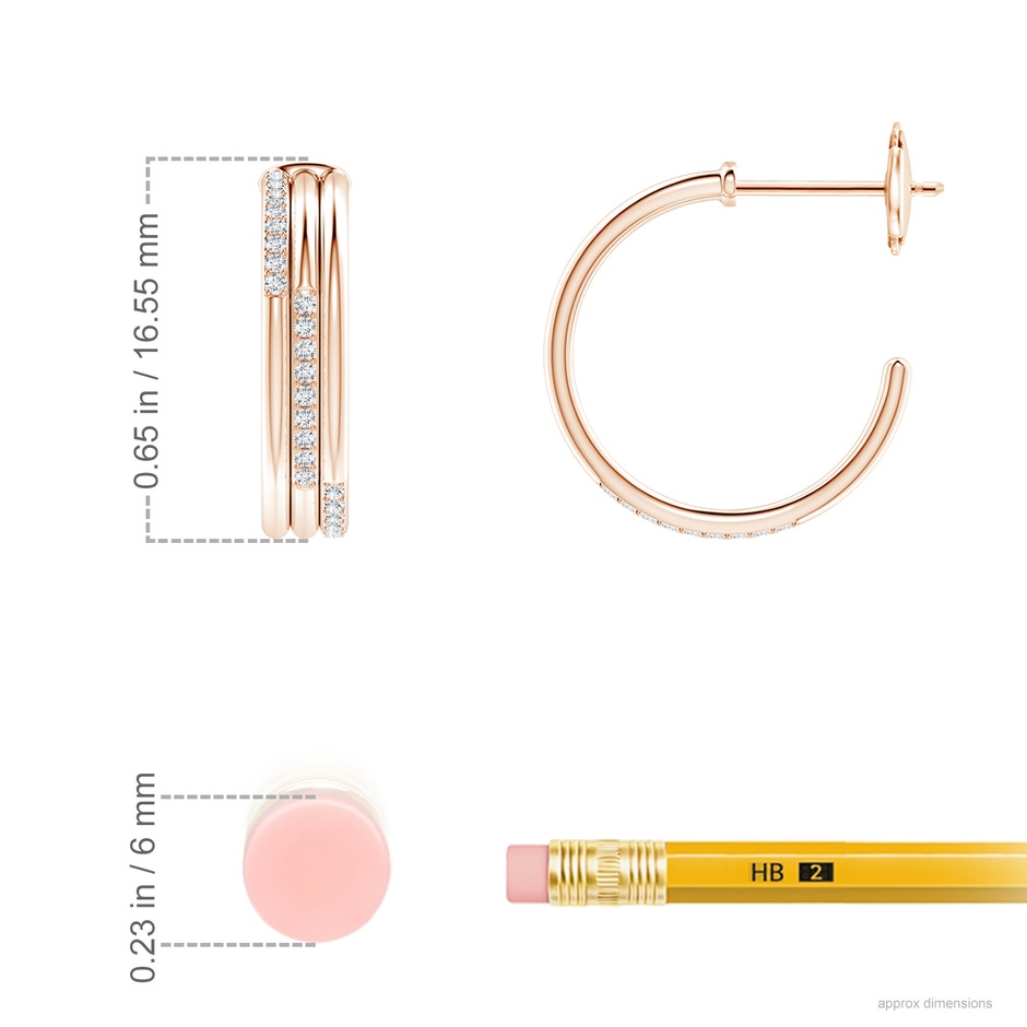 0.9mm GVS2 Diamond Triple Layer Hoop Earrings in Rose Gold ruler
