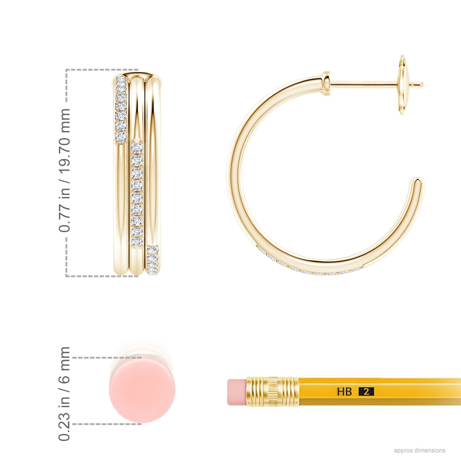 1.1mm GVS2 Diamond Triple Layer Hoop Earrings in Yellow Gold ruler