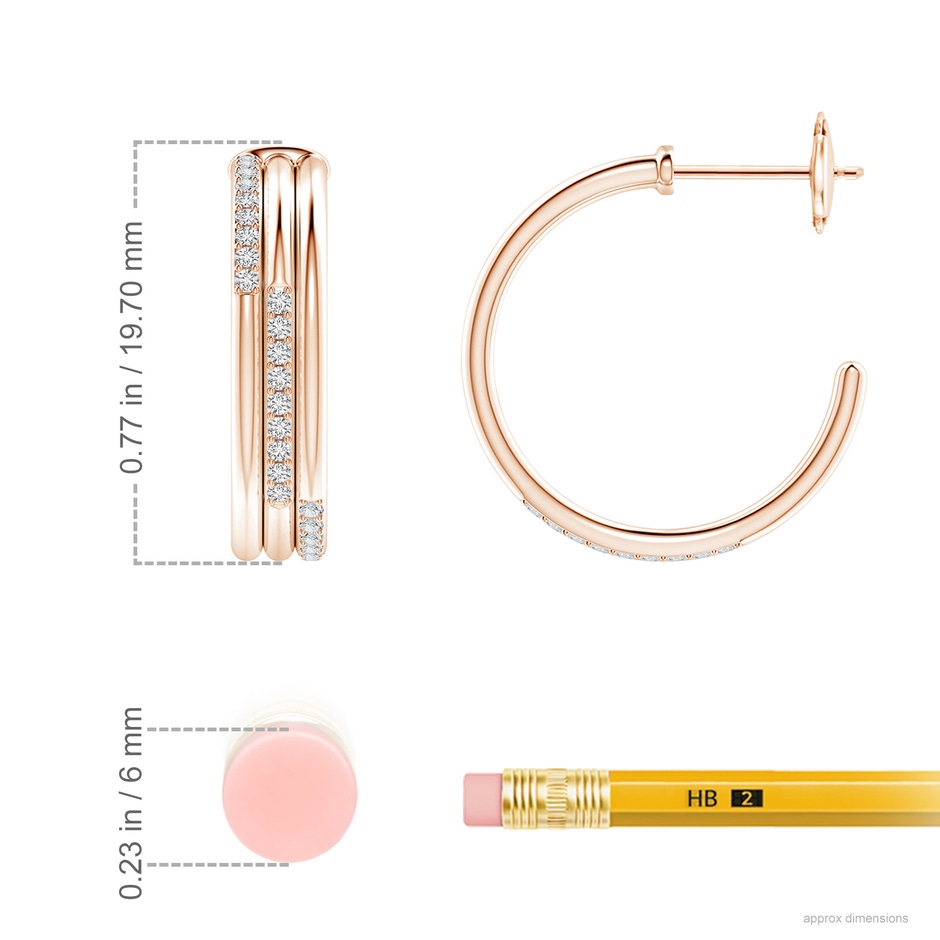 1.1mm HSI2 Diamond Triple Layer Hoop Earrings in Rose Gold ruler