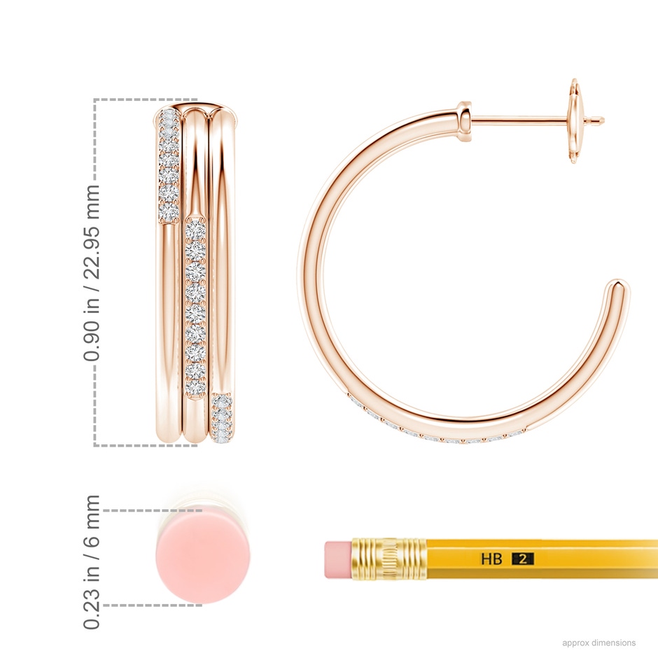 1.35mm HSI2 Diamond Triple Layer Hoop Earrings in Rose Gold ruler