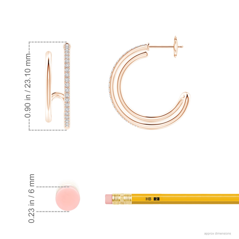 1.2mm HSI2 Diamond Twin Layer Hoop Earrings in Rose Gold ruler