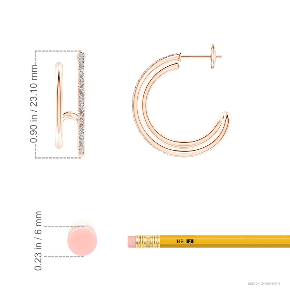 1.2mm IJI1I2 Diamond Twin Layer Hoop Earrings in Rose Gold ruler