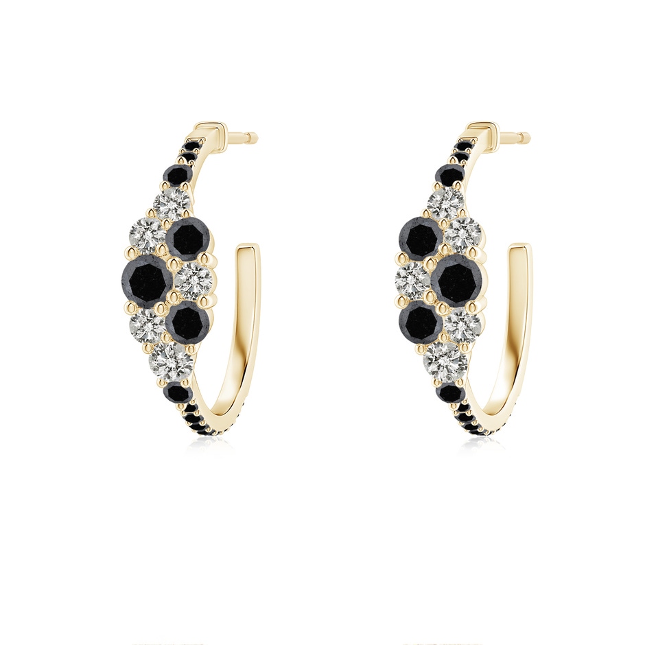 3.1mm A White & Black Diamond Cluster Asymmetrical Hoop Earrings in Yellow Gold 