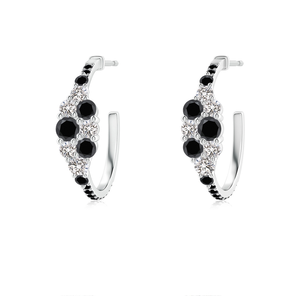 3.1mm AA White & Black Diamond Clustre Asymmetrical Hoop Earrings in White Gold