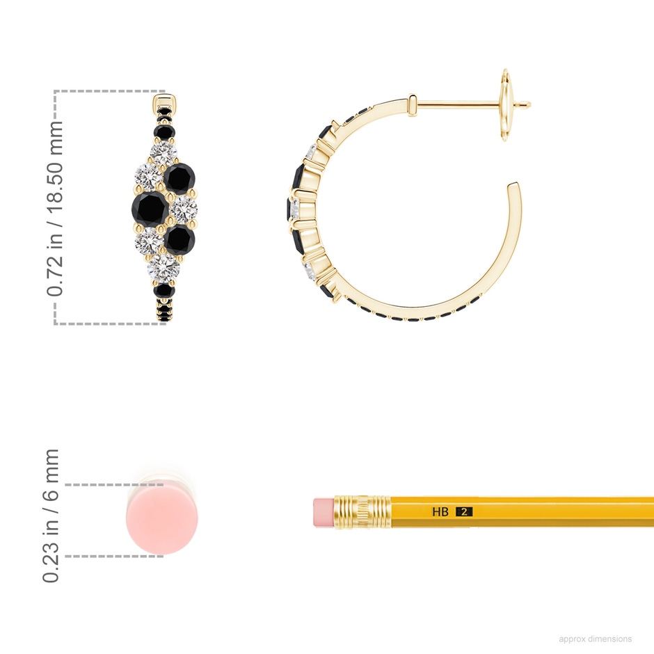 3.1mm AA White & Black Diamond Cluster Asymmetrical Hoop Earrings in Yellow Gold ruler