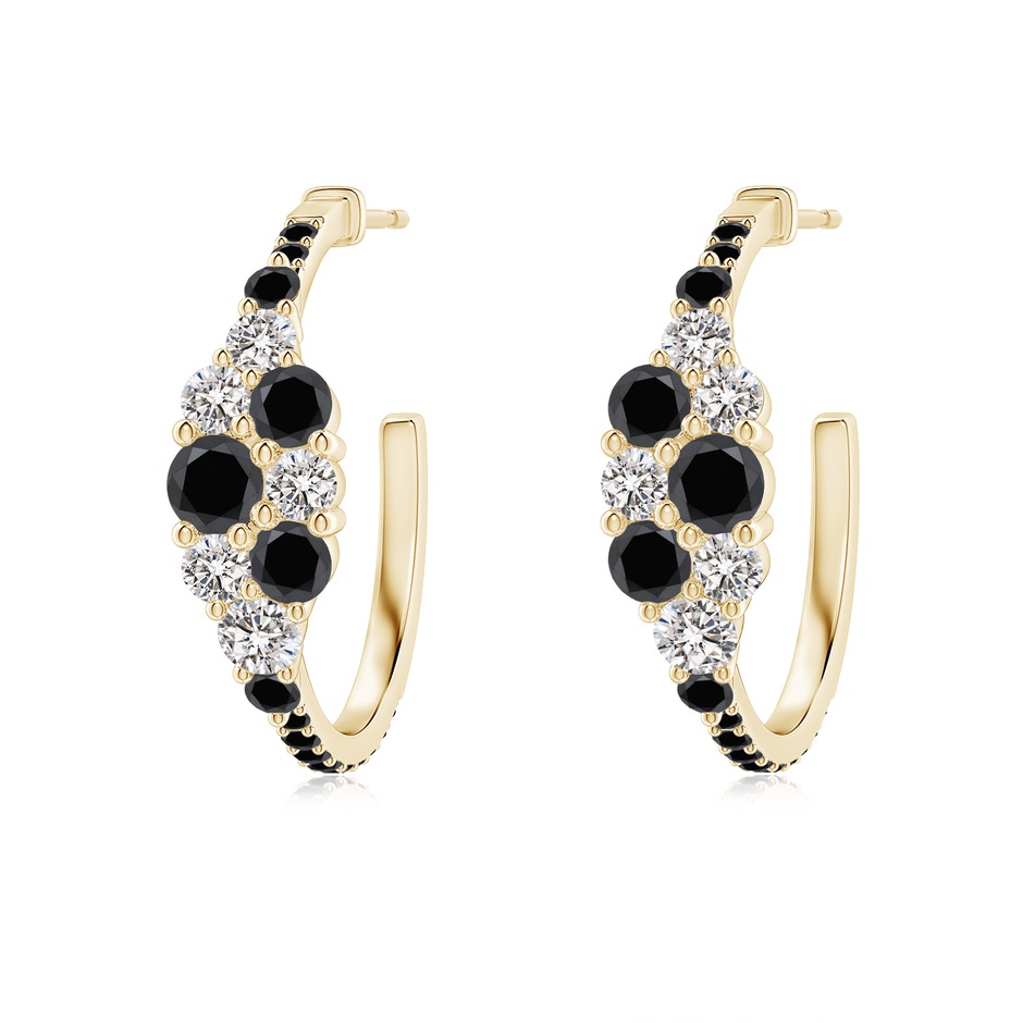 3.5mm AA White & Black Diamond Clustre Asymmetrical Hoop Earrings in Yellow Gold 