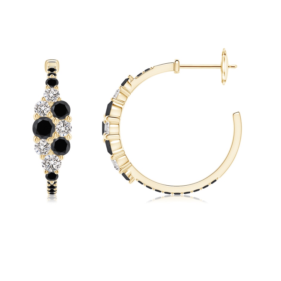 3.5mm AA White & Black Diamond Clustre Asymmetrical Hoop Earrings in Yellow Gold side 199