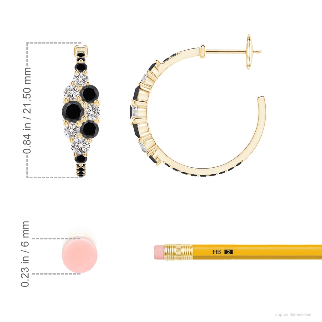 3.5mm AA White & Black Diamond Cluster Asymmetrical Hoop Earrings in Yellow Gold ruler