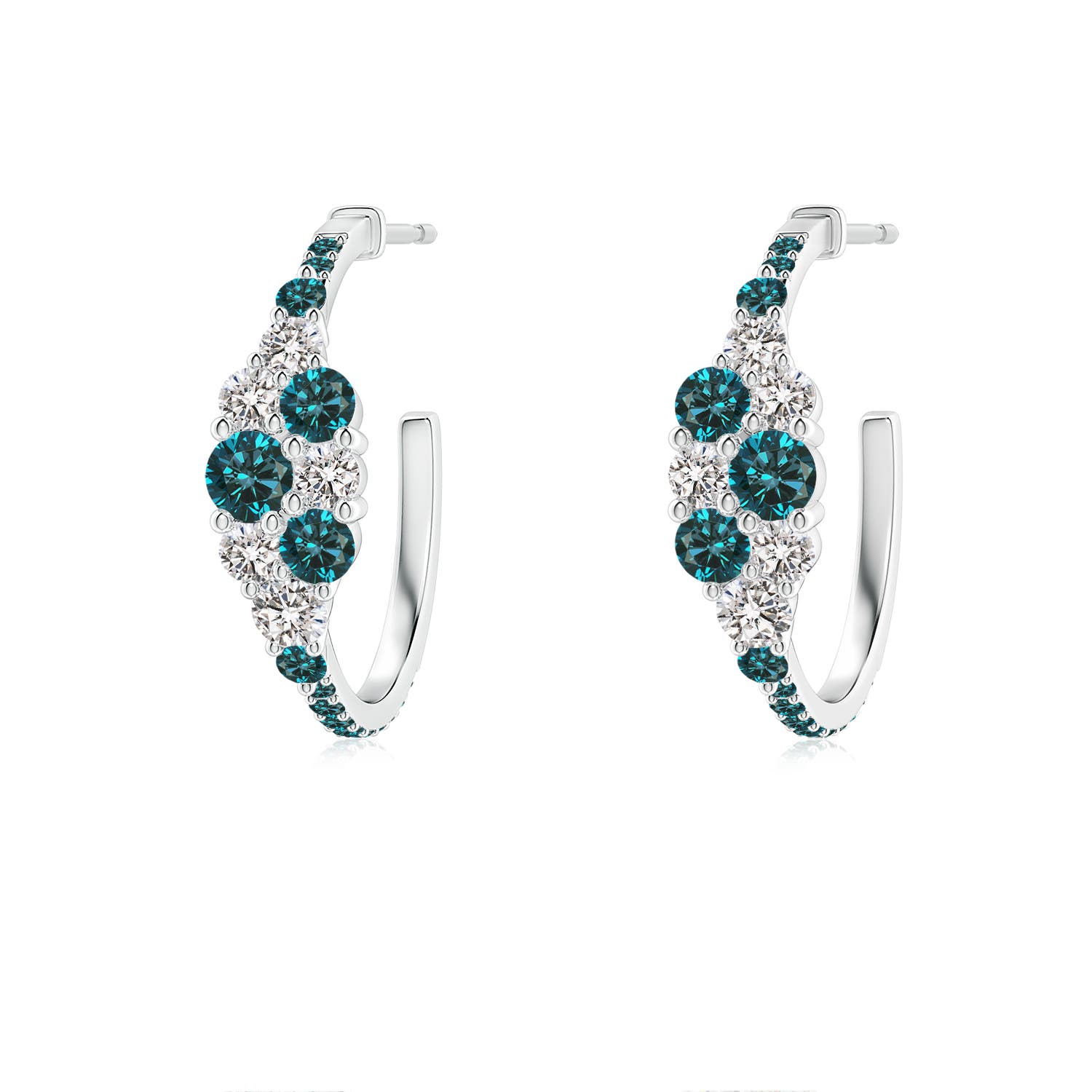 3.1mm AA White & Blue Diamond Cluster Asymmetrical Hoop Earrings in S999 Silver