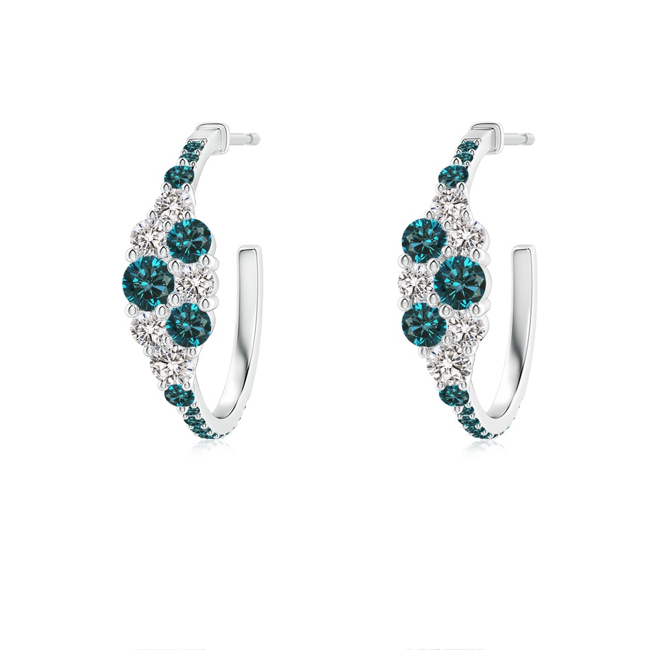 3.1mm AA White & Blue Diamond Cluster Asymmetrical Hoop Earrings in White Gold 