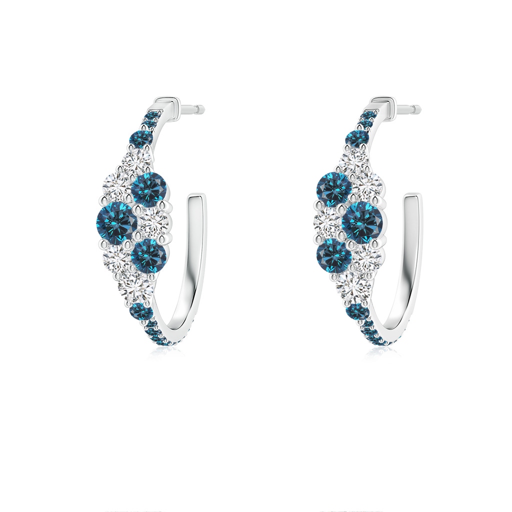 3.1mm AAA White & Blue Diamond Cluster Asymmetrical Hoop Earrings in White Gold