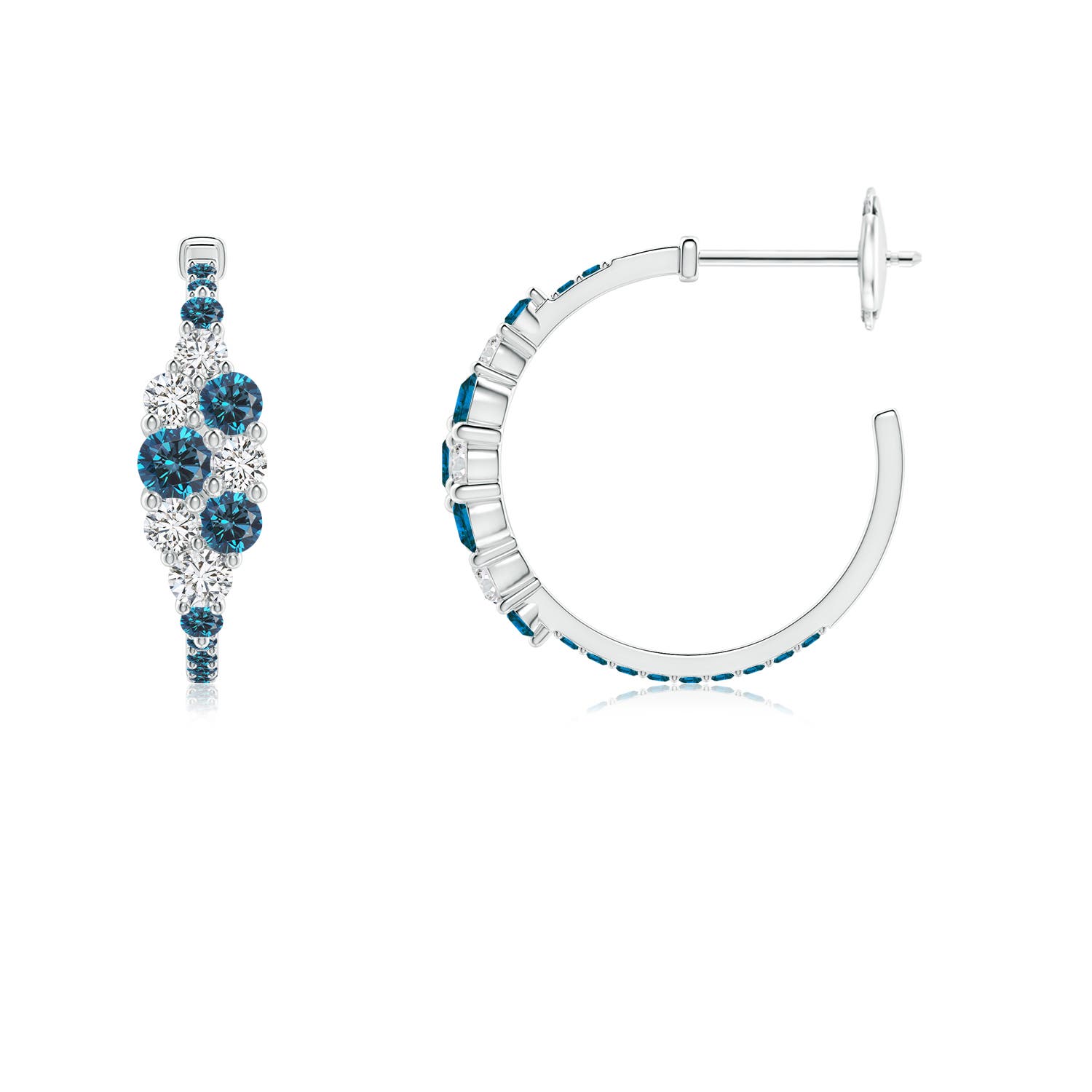 3.1mm AAA White & Blue Diamond Cluster Asymmetrical Hoop Earrings in White Gold - side 2