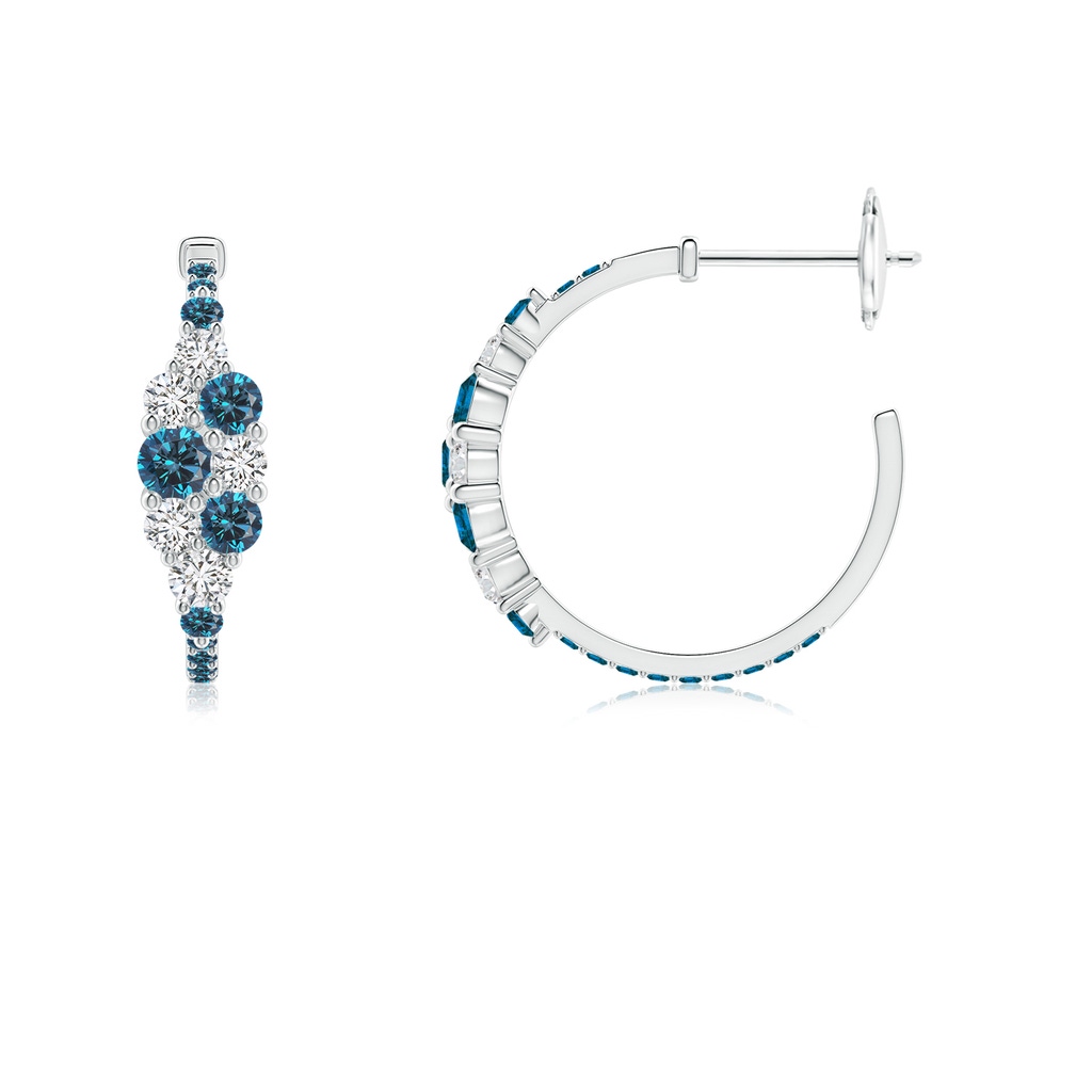 3.1mm AAA White & Blue Diamond Cluster Asymmetrical Hoop Earrings in White Gold Side 199