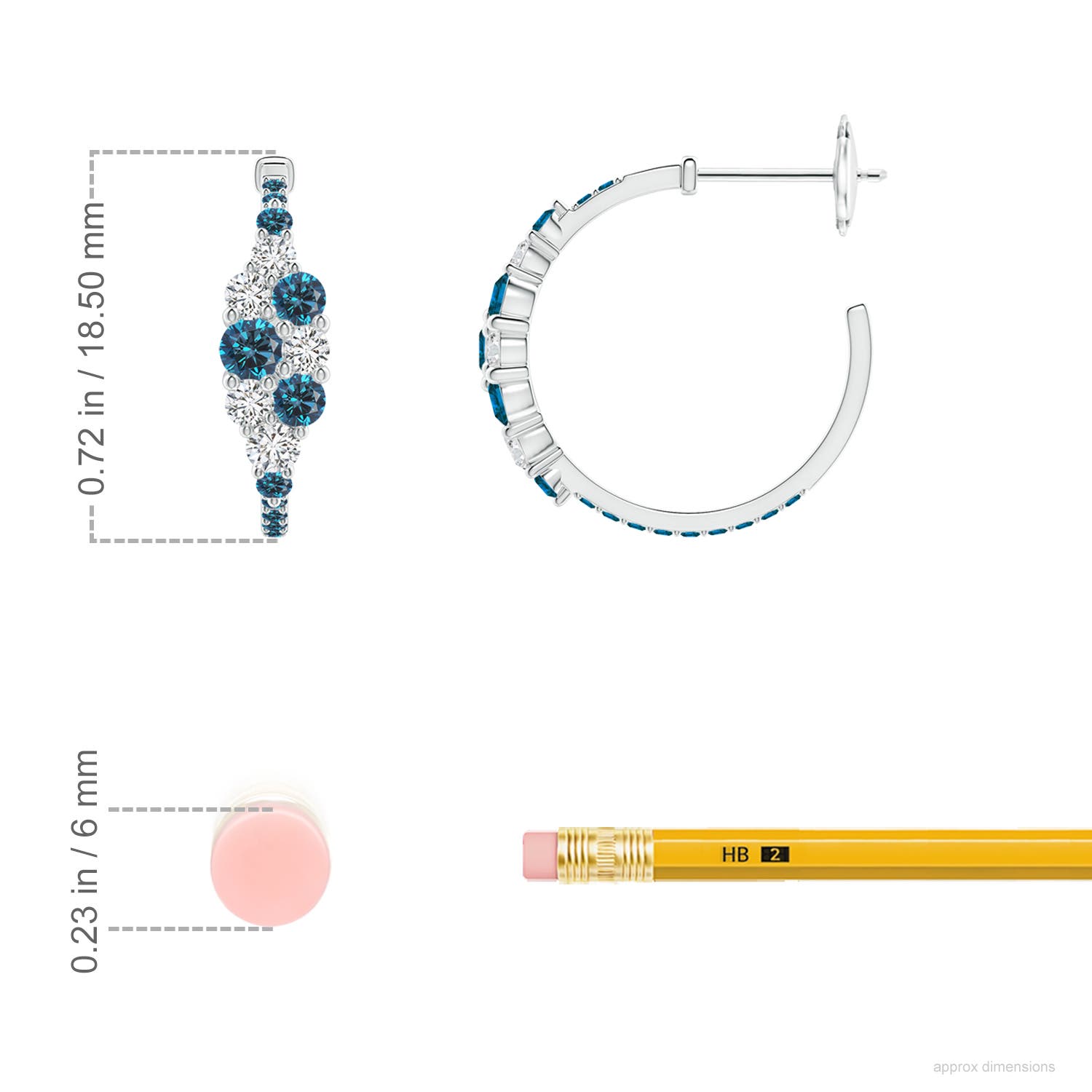 3.1mm AAA White & Blue Diamond Cluster Asymmetrical Hoop Earrings in White Gold - ruler