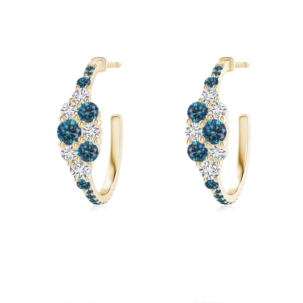 3.1mm AAA White & Blue Diamond Cluster Asymmetrical Hoop Earrings in Yellow Gold