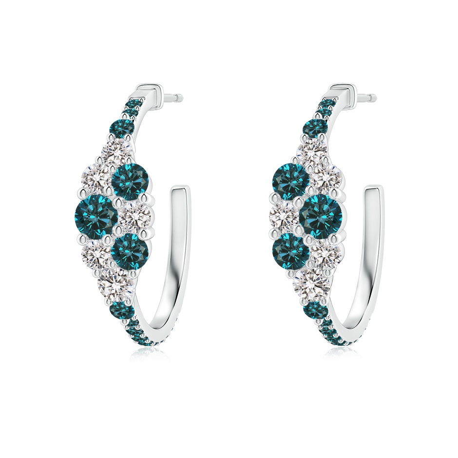 3.5mm AA White & Blue Diamond Cluster Asymmetrical Hoop Earrings in White Gold 