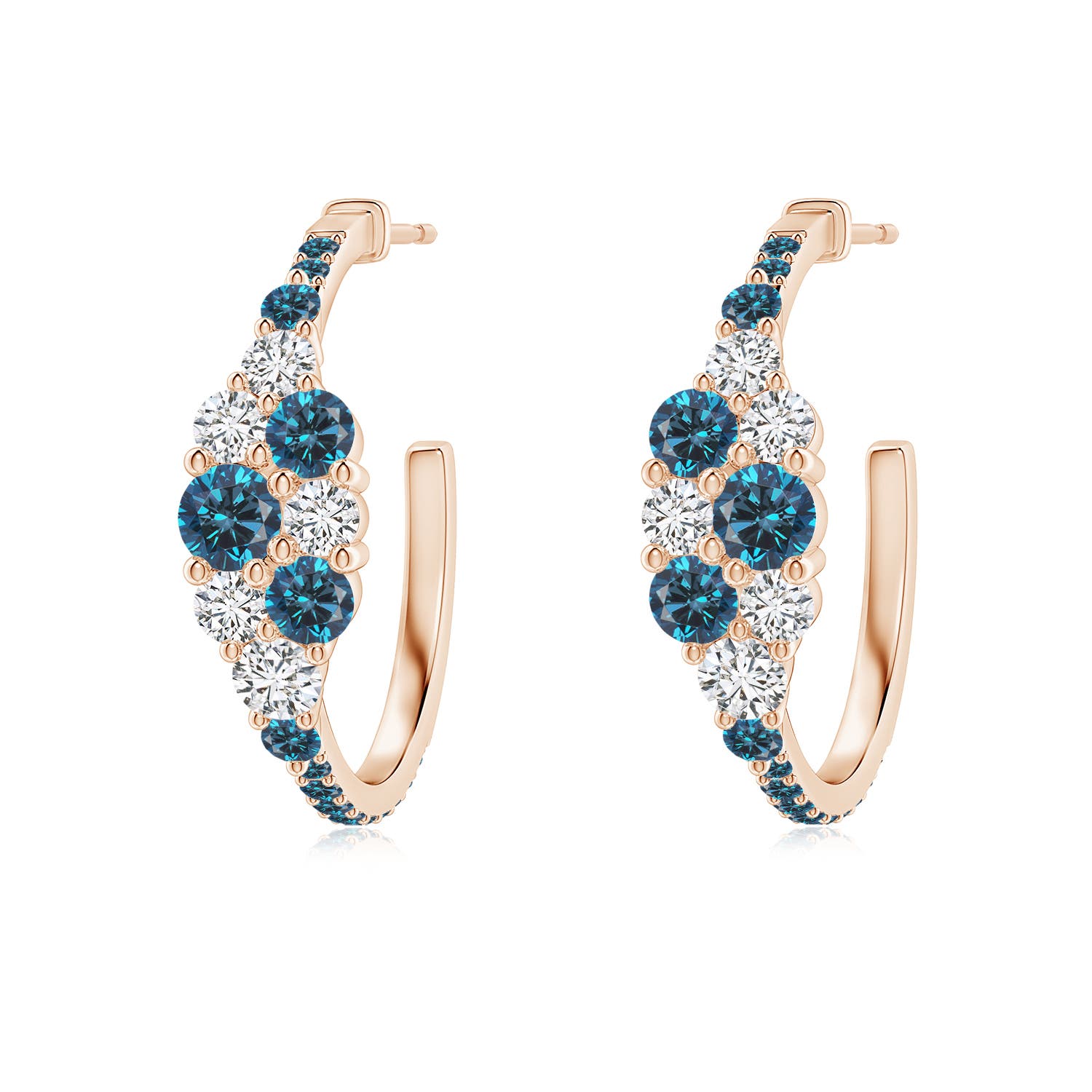 3.5mm AAA White & Blue Diamond Cluster Asymmetrical Hoop Earrings in Rose Gold