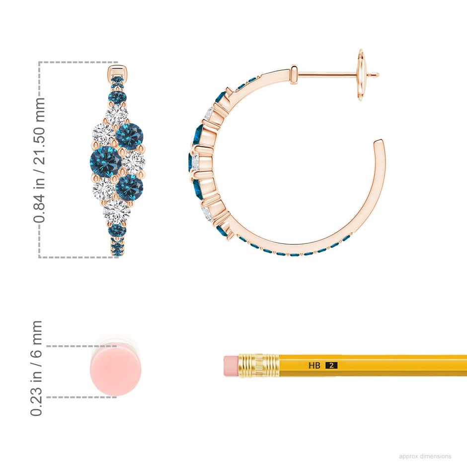 3.5mm AAA White & Blue Diamond Cluster Asymmetrical Hoop Earrings in Rose Gold ruler