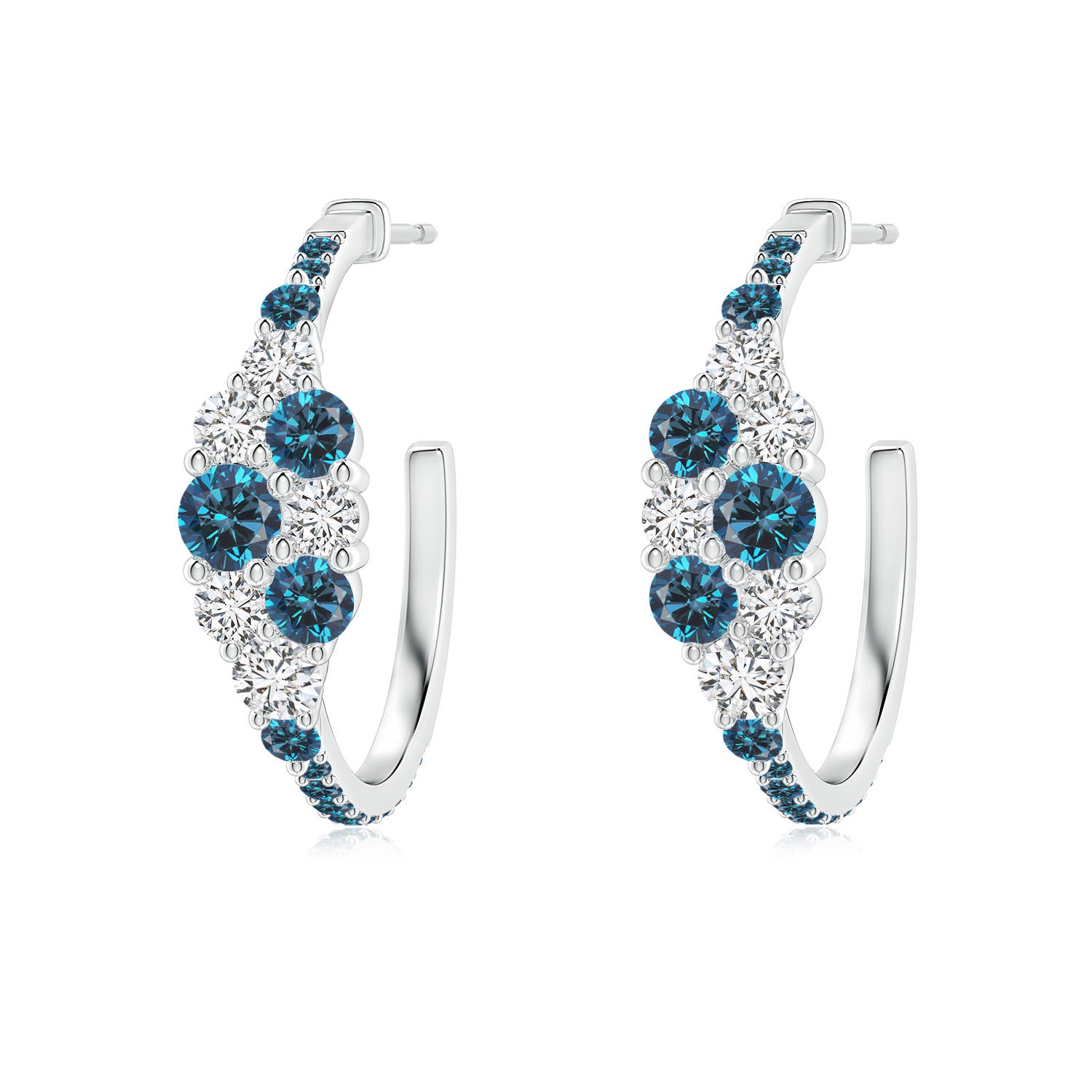 3.5mm AAA White & Blue Diamond Cluster Asymmetrical Hoop Earrings in S999 Silver