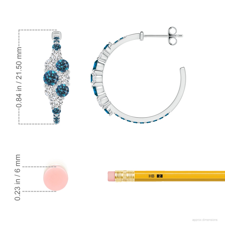 3.5mm AAA White & Blue Diamond Cluster Asymmetrical Hoop Earrings in S999 Silver ruler