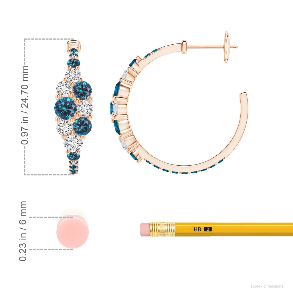 4mm AAA White & Blue Diamond Cluster Asymmetrical Hoop Earrings in Rose Gold ruler