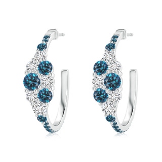 4mm AAA White & Blue Diamond Cluster Asymmetrical Hoop Earrings in S999 Silver