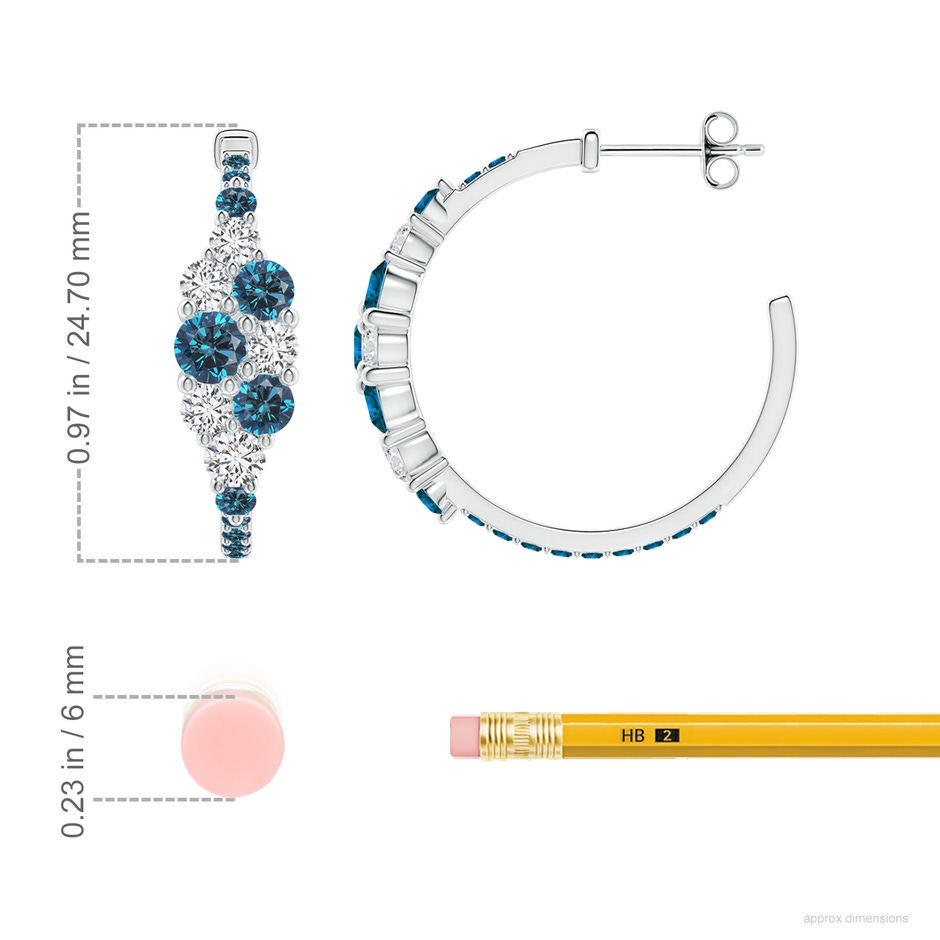 4mm AAA White & Blue Diamond Cluster Asymmetrical Hoop Earrings in S999 Silver ruler