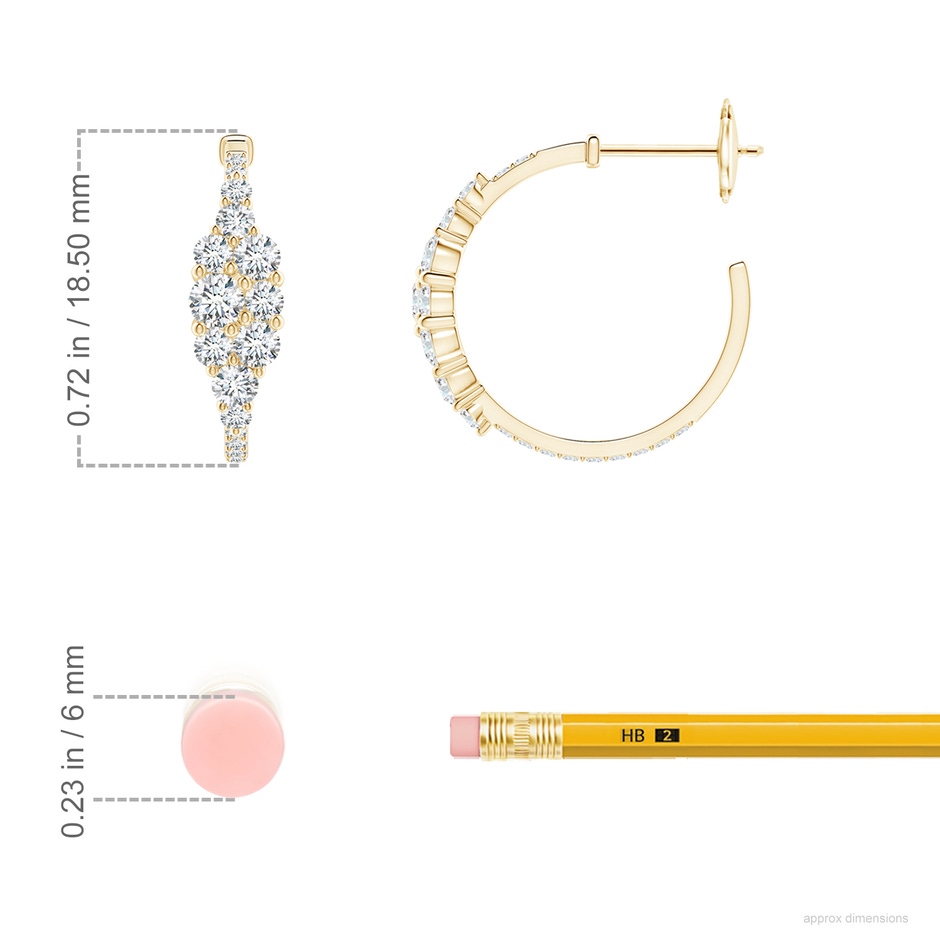 3.1mm GVS2 Diamond Cluster Asymmetrical Hoop Earrings in Yellow Gold ruler