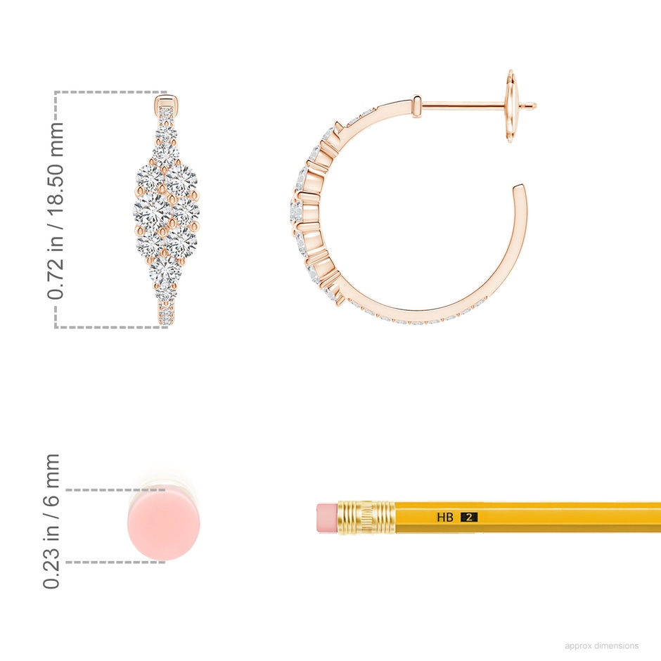 3.1mm HSI2 Diamond Cluster Asymmetrical Hoop Earrings in Rose Gold ruler