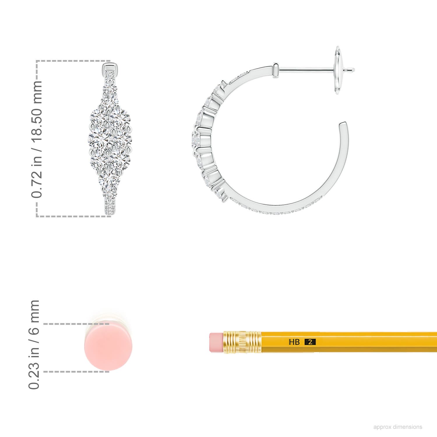 3.1mm HSI2 Diamond Cluster Asymmetrical Hoop Earrings in White Gold - ruler