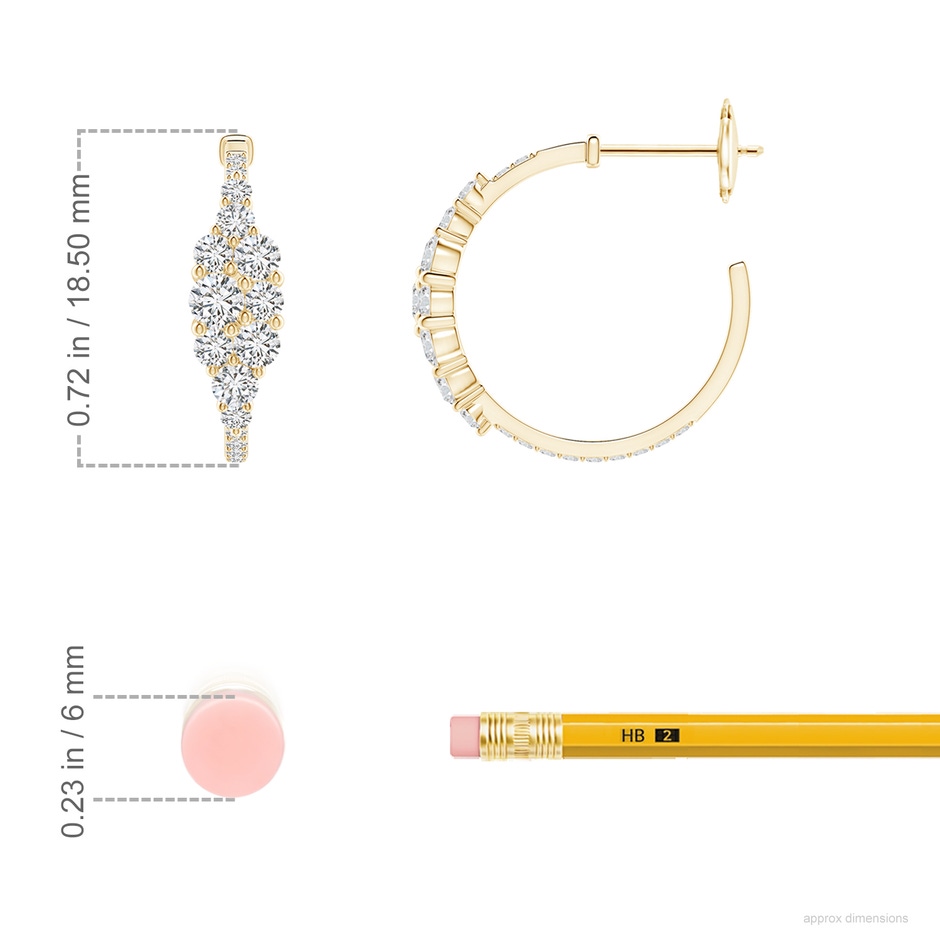 3.1mm HSI2 Diamond Cluster Asymmetrical Hoop Earrings in Yellow Gold ruler