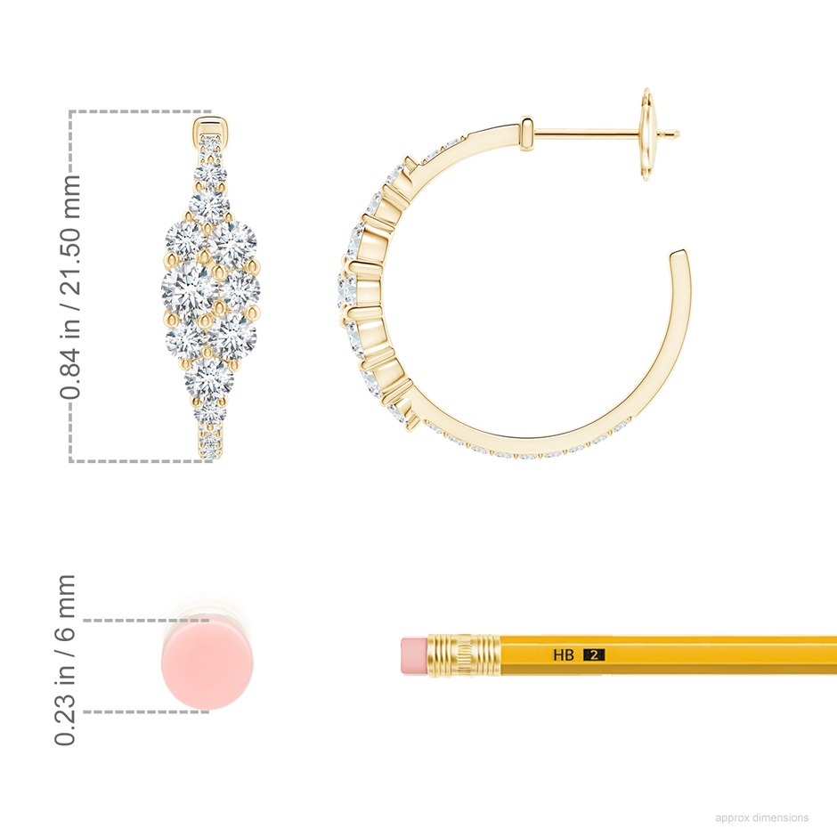 3.5mm GVS2 Diamond Clustre Asymmetrical Hoop Earrings in Yellow Gold ruler