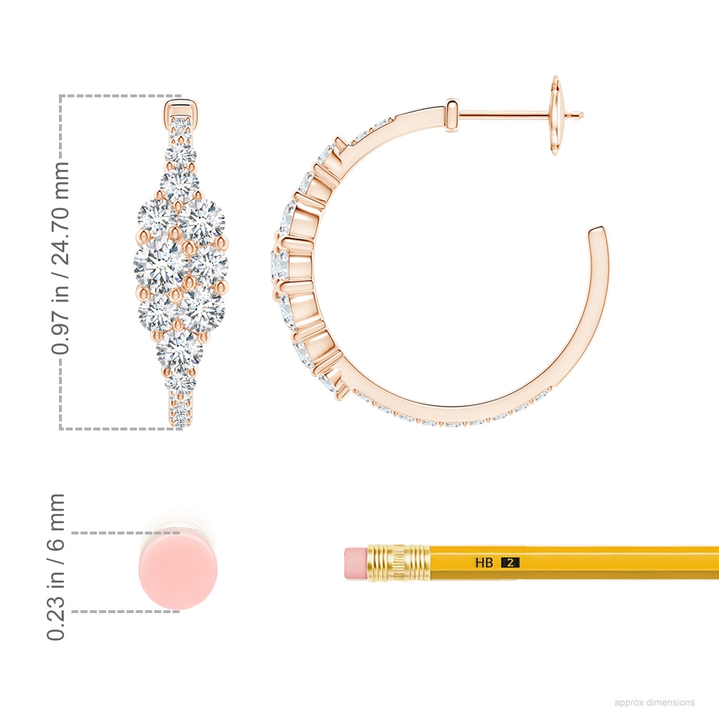 4mm GVS2 Diamond Cluster Asymmetrical Hoop Earrings in Rose Gold ruler