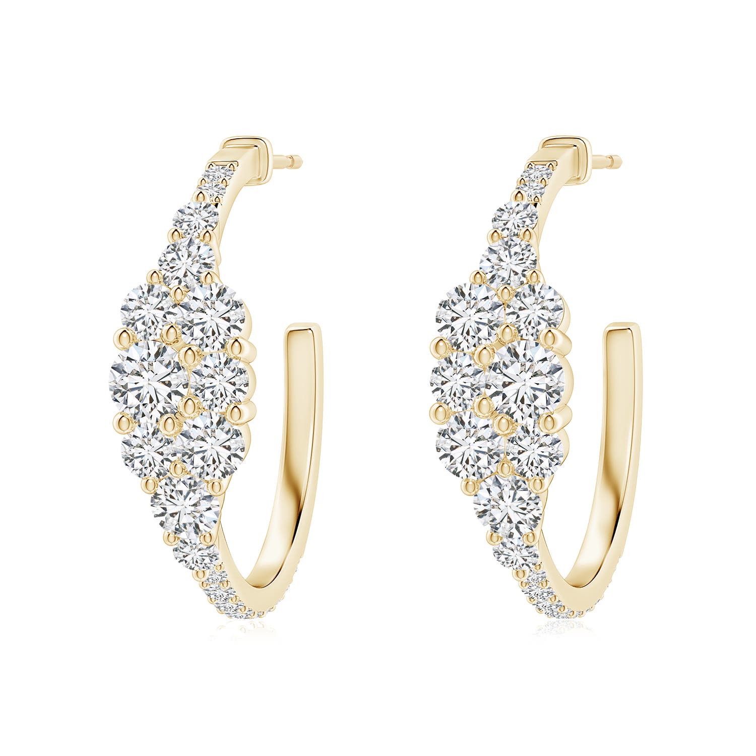 4mm HSI2 Diamond Cluster Asymmetrical Hoop Earrings in Yellow Gold